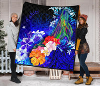Tahiti Premium Quilt - Humpback Whale with Tropical Flowers (Blue) - Polynesian Pride