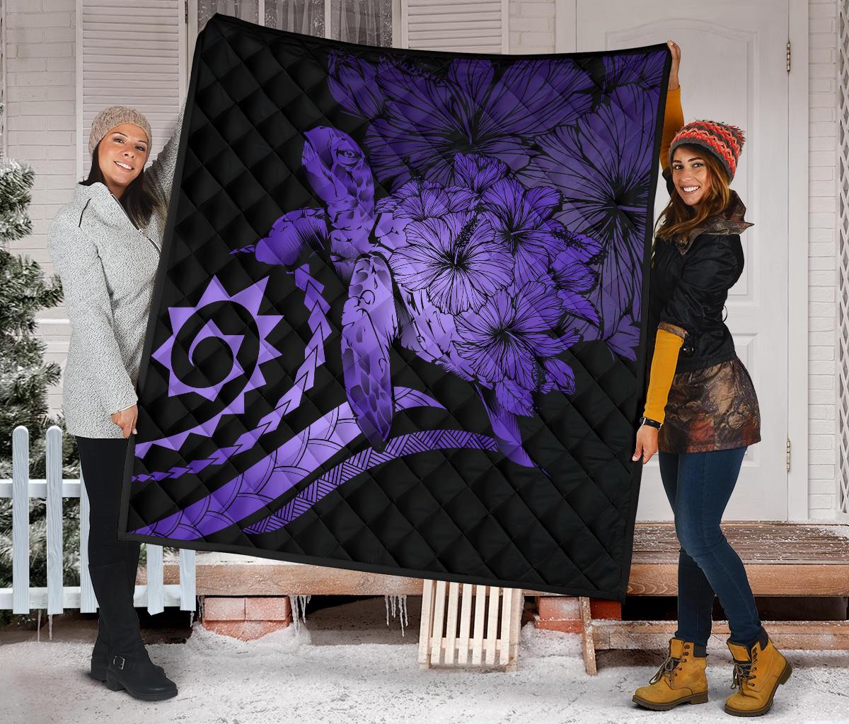 Hawaii Turtle Hibiscus Polynesian Vintage Premium Quilt - Purple - Polynesian Pride