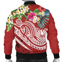 Tahiti Polynesian Men's Bomber Jacket - Summer Plumeria (Red) - Polynesian Pride