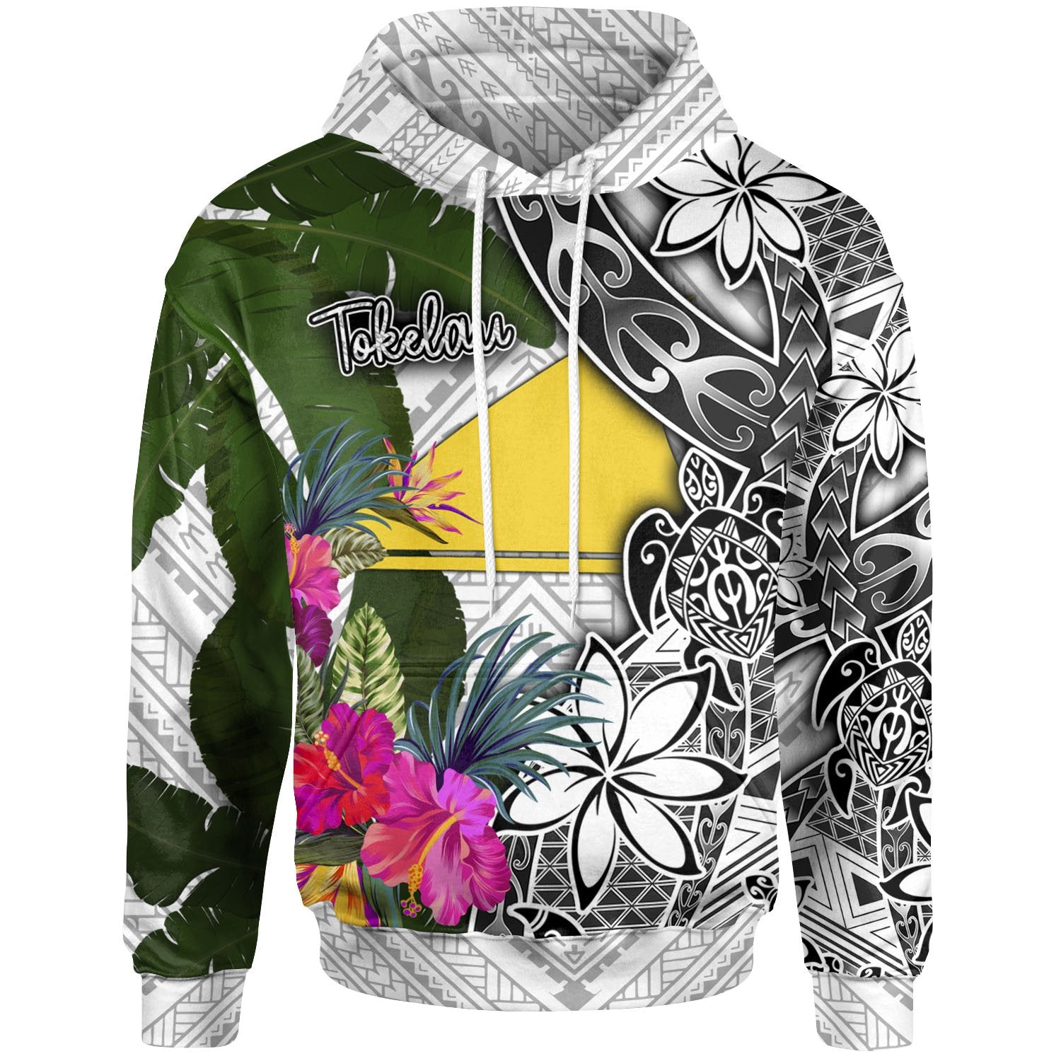 Tokelau Hoodie White Turtle Plumeria Banana Leaf Unisex White - Polynesian Pride