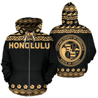 Honolulu All Over Zip up Hoodie Polynesian Design Unisex Black - Polynesian Pride