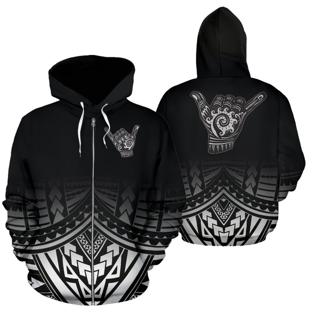 Polynesian All Over Zip up Hoodie Shaka Black Version Unisex White - Polynesian Pride