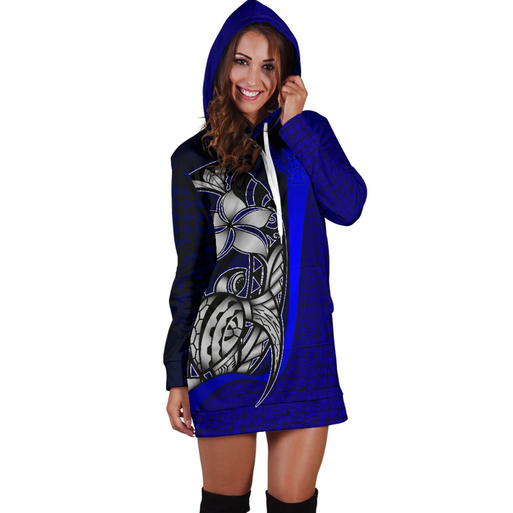 Kosrae Micronesian Women's Hoodie Dress Blue - Turtle With Hook - Polynesian Pride