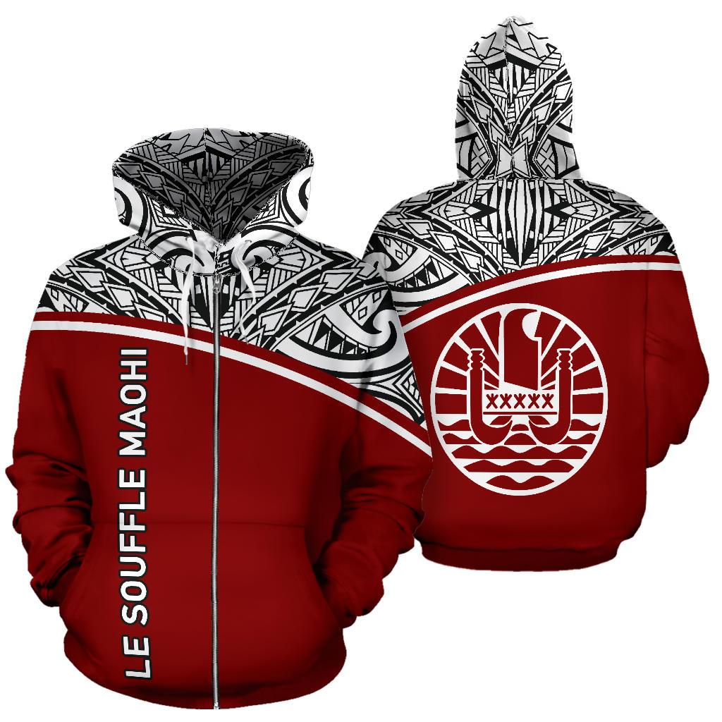 French Polynesia All Over Zip up Hoodie Le Souffle Maohi Custom Red Curve Unisex Red - Polynesian Pride