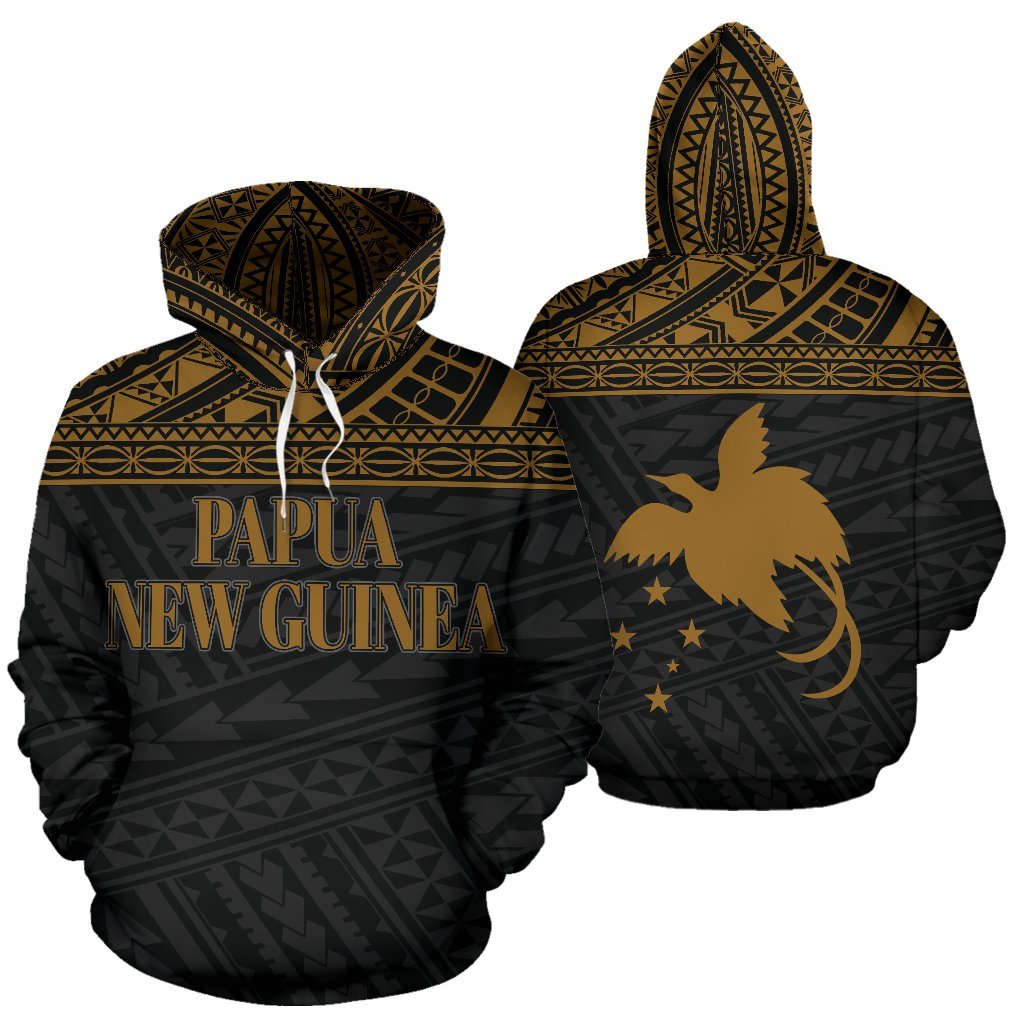 Papua New Guinea Polynesian ll Over Hoodie Gold Horizontal Unisex Black - Gold - Polynesian Pride