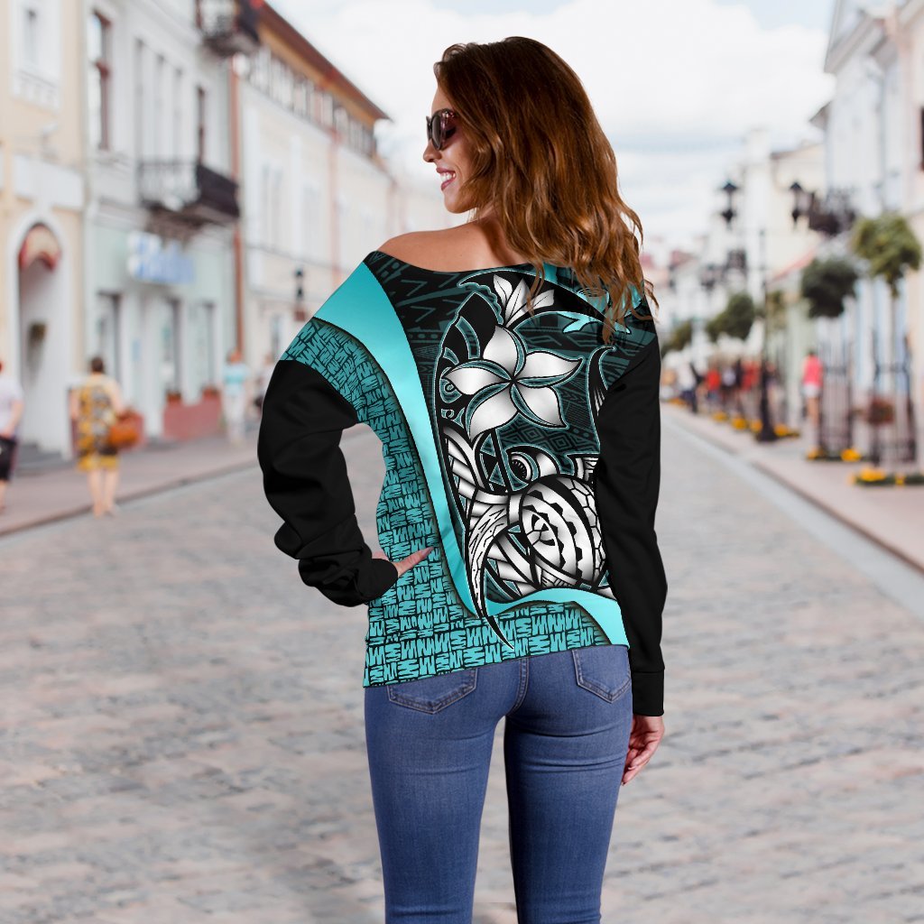 Pohnpei Micronesia Women Off Shoulder Sweater Turquoise - Turtle With Hook - Polynesian Pride