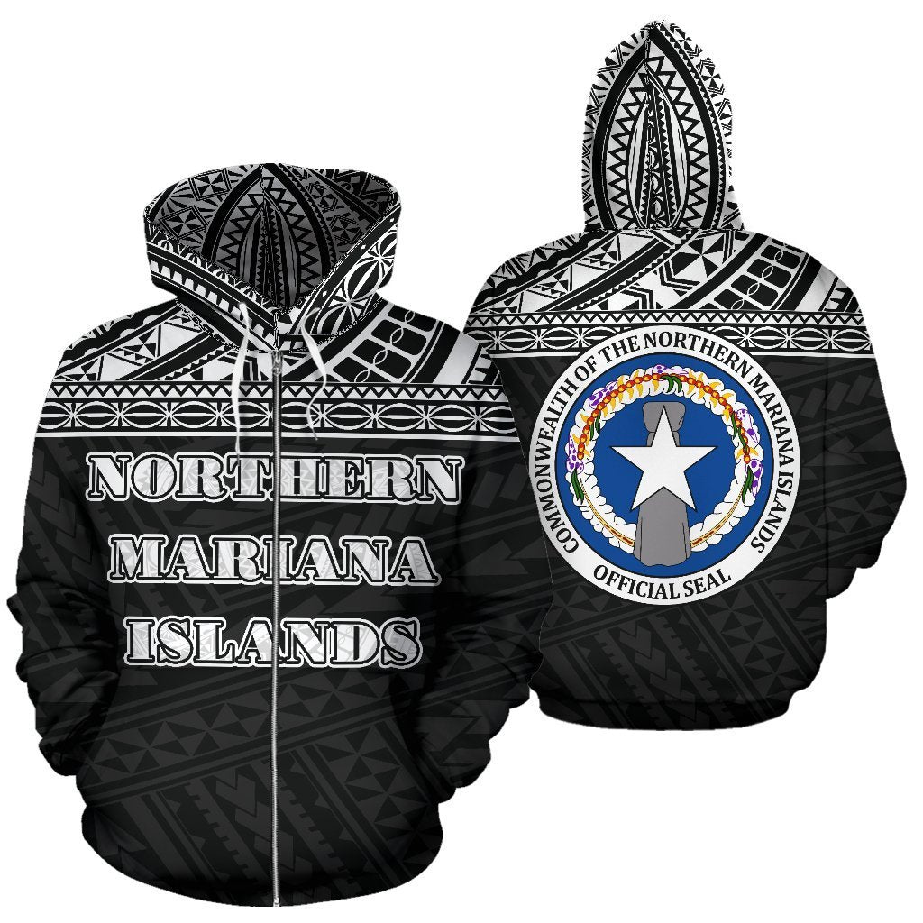Northern Mariana Islands All Over Zip up Hoodie Polynesian Black Version Unisex White - Polynesian Pride
