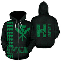 Polynesian Kakau Kanaka Map of Hawaii Zip Hoodie Green Unisex Green - Polynesian Pride