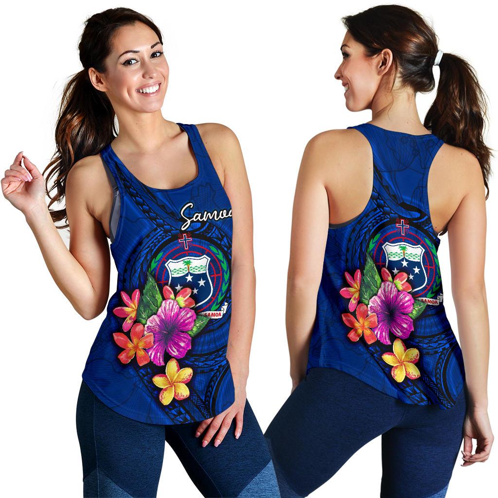 Samoa Polynesian Women's Racerback Tank - Floral With Seal Blue - Polynesian Pride