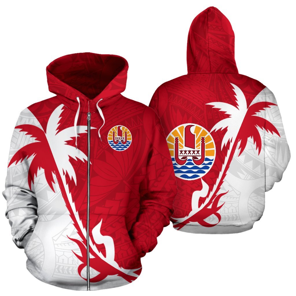 Tahiti Polynesian Zip up Hoodie Tahiti Flag Coconut Tree Unisex Red White - Polynesian Pride