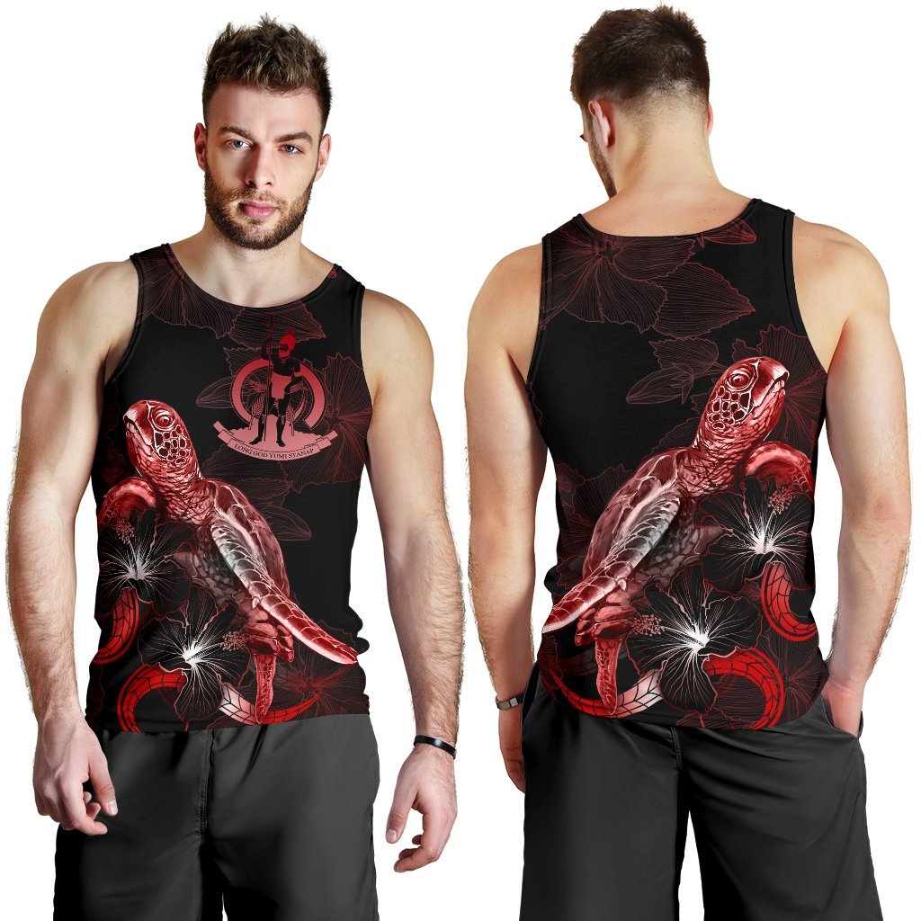 Vanuatu Men Tank Top - Turtle With Blooming Hibiscus Red - Polynesian Pride