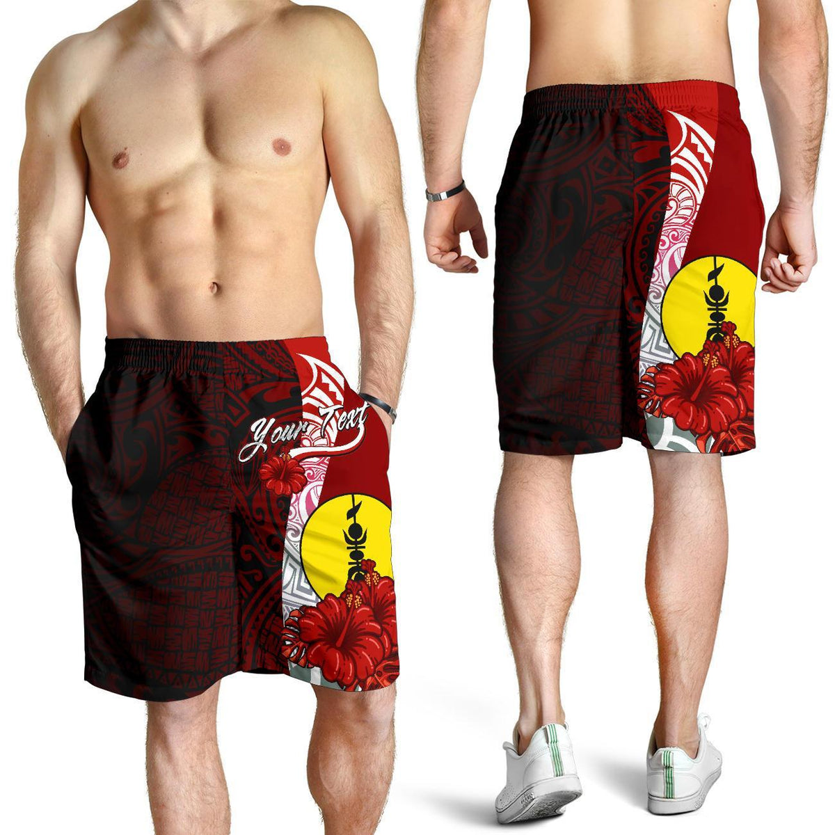 New Caledonia Polynesian Custom Personalised Men's Shorts - Coat Of Arm With Hibiscus Red - Polynesian Pride