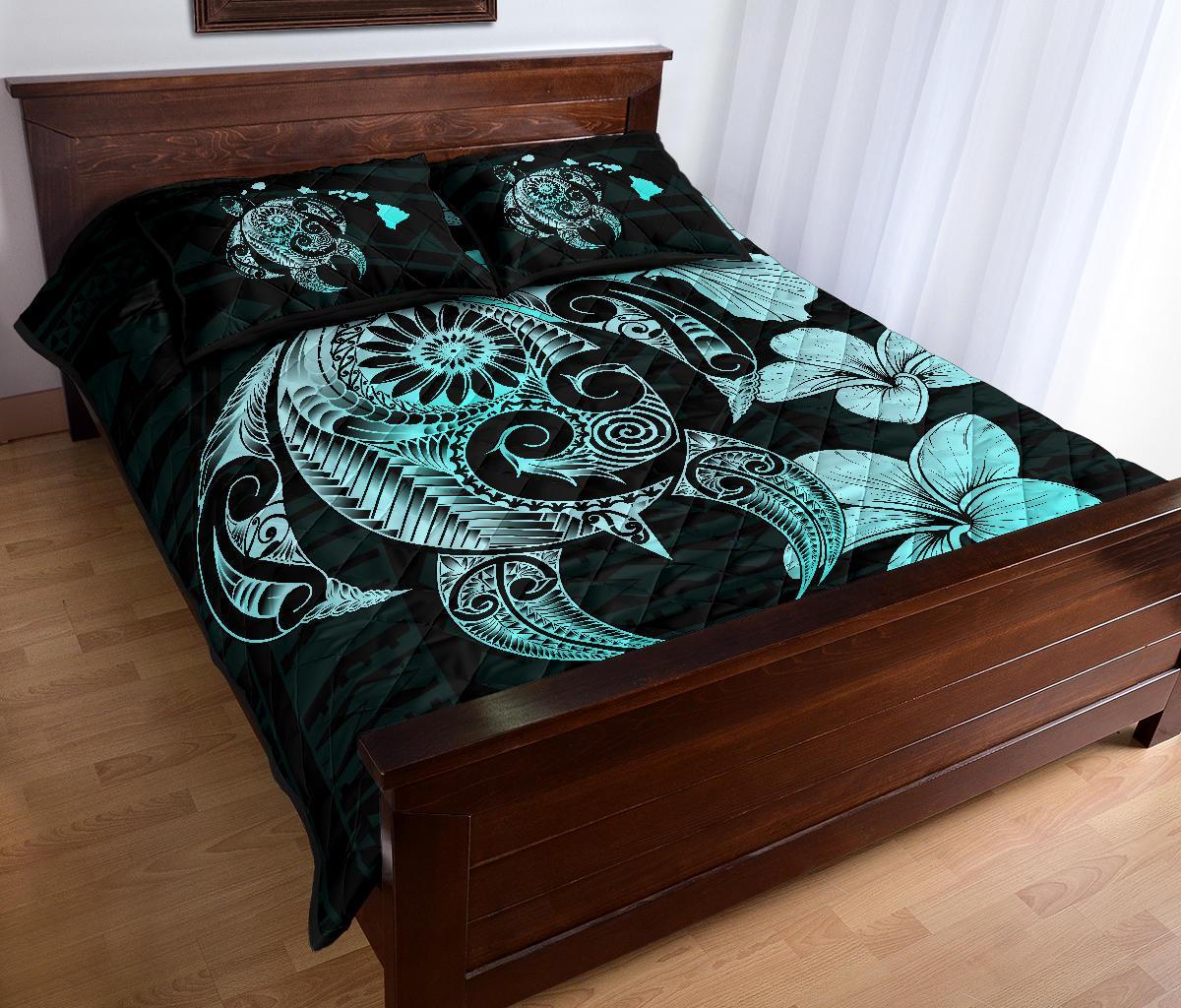 Hibiscus Plumeria Mix Polynesian Turquoise Turtle Quilt Bed Set - Polynesian Pride
