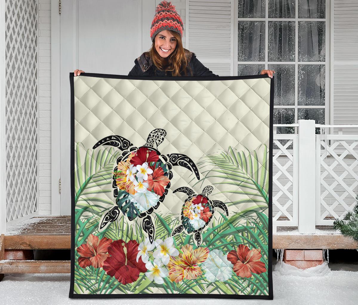Hawaii Turtle Flowers Coconut Tree Leaf Premium Quilt - Polynesian Pride