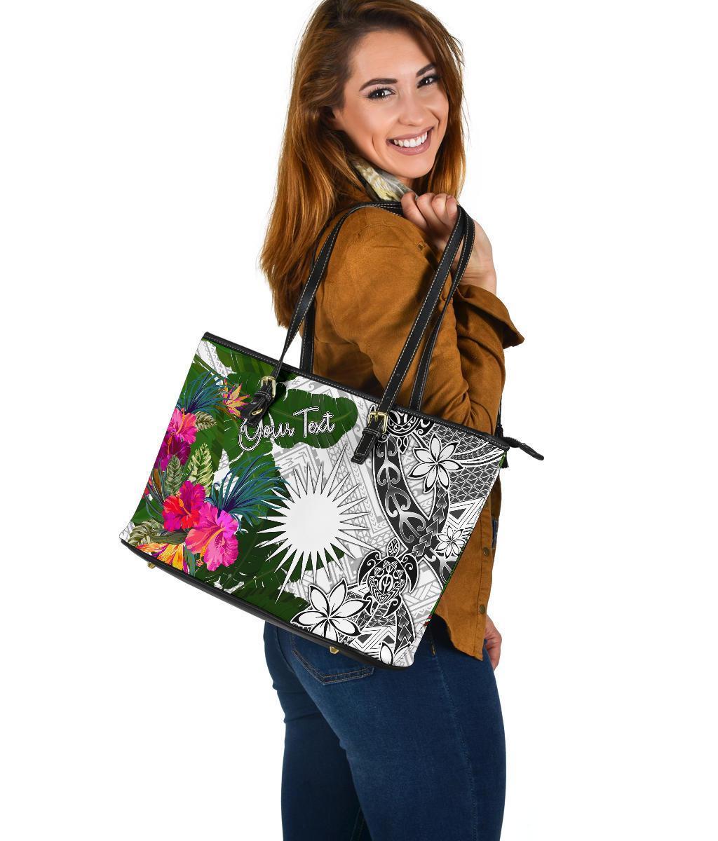 Marshall Islands Custom Personalised Large Leather Tote White - Turtle Plumeria Banana Leaf - Polynesian Pride