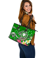 Pohnpei Custom Personalised Larger Leather Tote Bag - Turtle Plumeria (Green) - Polynesian Pride