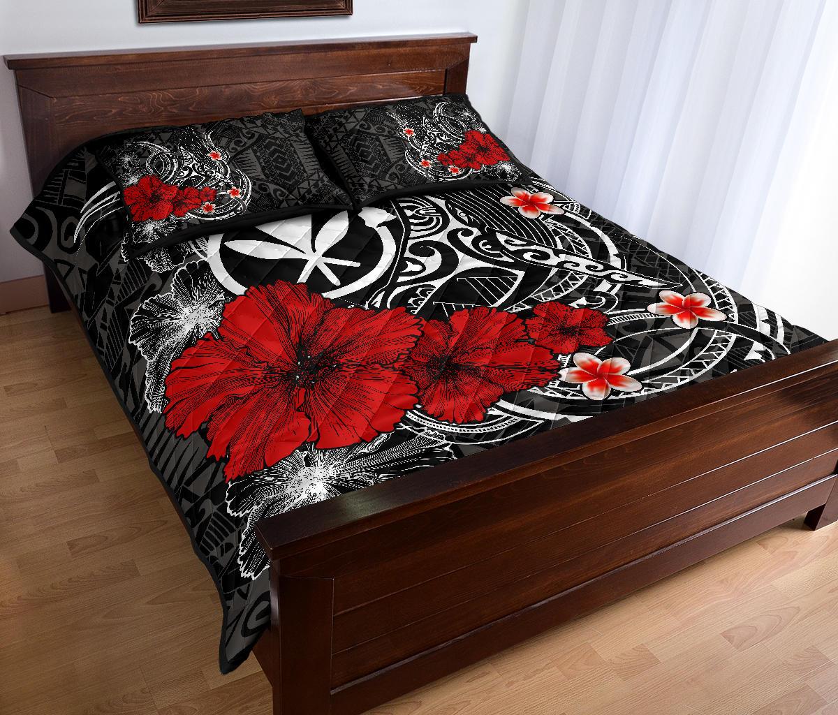 Polynesian Hawaii Kanaka Maoli Quilt Bed Set - Humpback Whale with Hibiscus (White) - Polynesian Pride