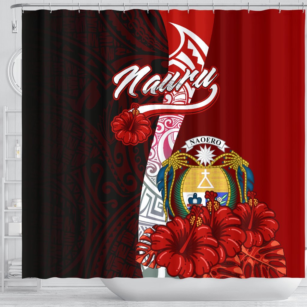 Nauru Polynesian Shower Curtain - Coat Of Arm With Hibiscus - Polynesian Pride