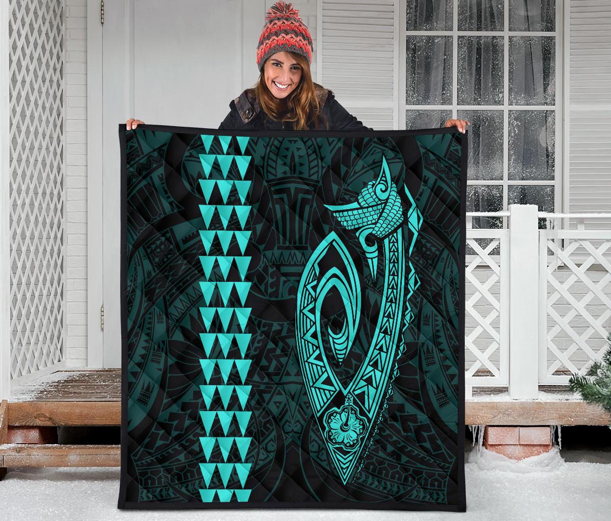 Hawaii Kakau Makau Fish Hook Polynesian Premium Quilt - Turquoise - Polynesian Pride