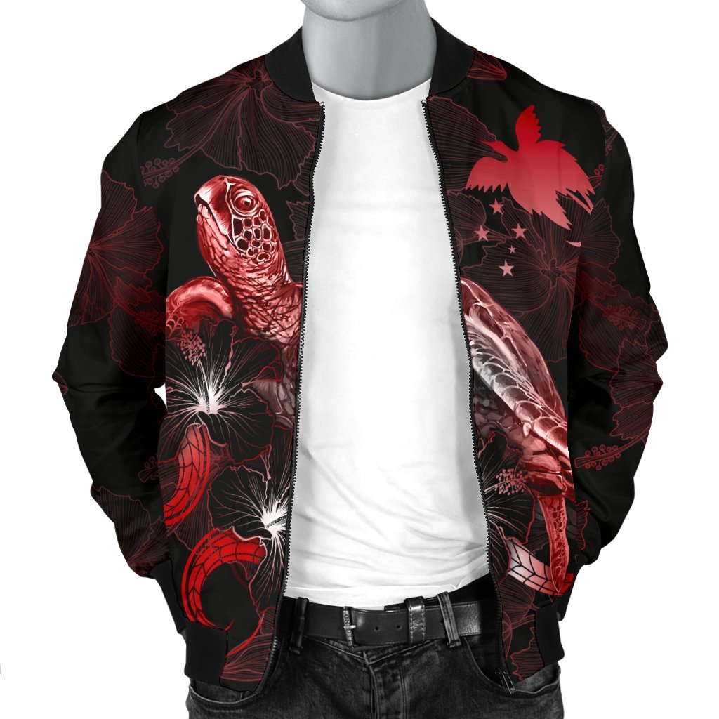 Papua New Guinea Polynesian Men's Bomber Jacket - Turtle With Blooming Hibiscus Red - Polynesian Pride
