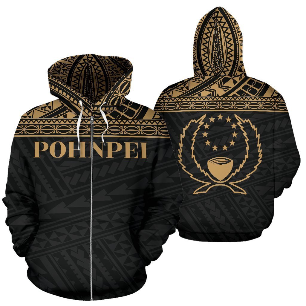 Pohnpei State All Over Zip up Hoodie FSM Gold Version Unisex Black - Polynesian Pride