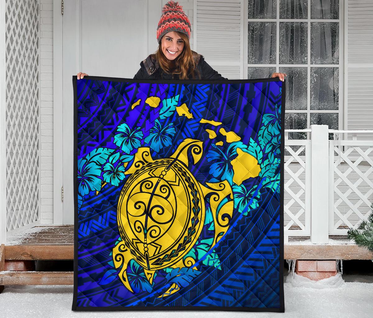 Hawaii Polynesian Premium Quilt - Hawaii Yellow Turtle Map & Torquoise Hibiscus - Polynesian Pride