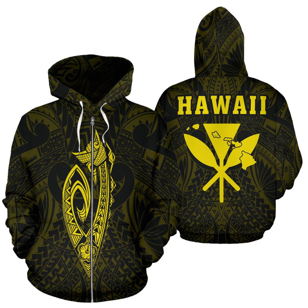 Polynesian Fish Hook Kanaka Map of Hawaii Zip Hoodie Yellow Unisex Yellow - Polynesian Pride
