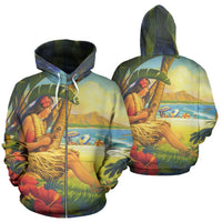 Hawaii Zip up Hoodie Hawaii Hula Girl With Ukelele Unisex Green - Polynesian Pride