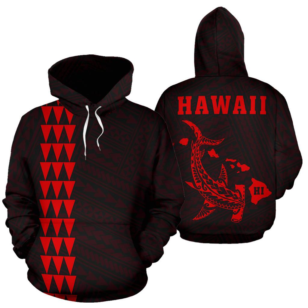 Polynesian Kakau Hammerhead Shark Map of Hawaii Hoodie Red Unisex Red - Polynesian Pride