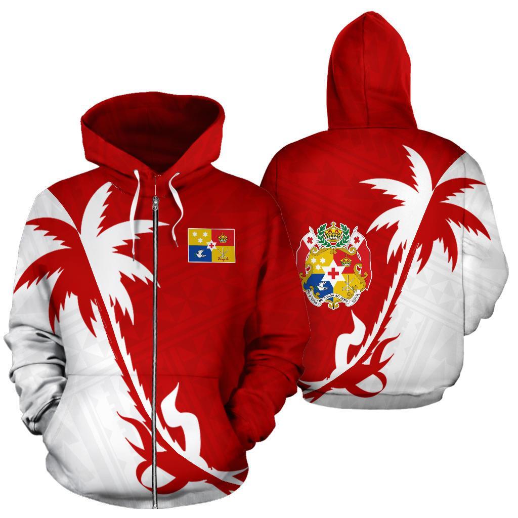Tonga Zip up Hoodie Tonga Coat of Arms Coconut Tree Unisex Red mix White - Polynesian Pride