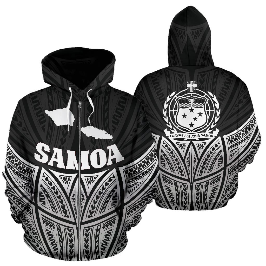 Samoa Polynesian Zip up Hoodie Black Pride Map and Seal Unisex Black - Polynesian Pride