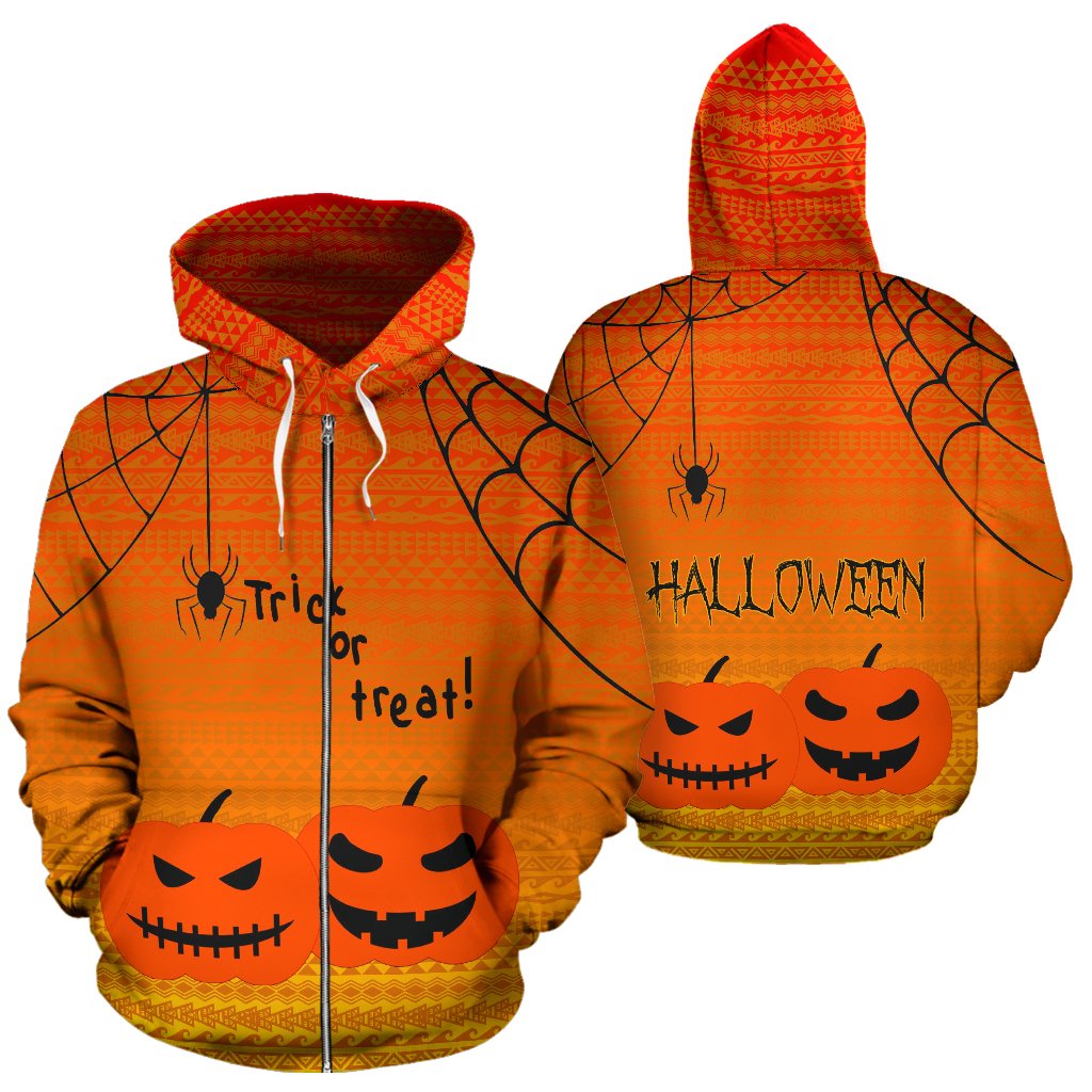 Halloween All Over Zip up Hoodie Trick Or Treat Unisex Orange - Polynesian Pride