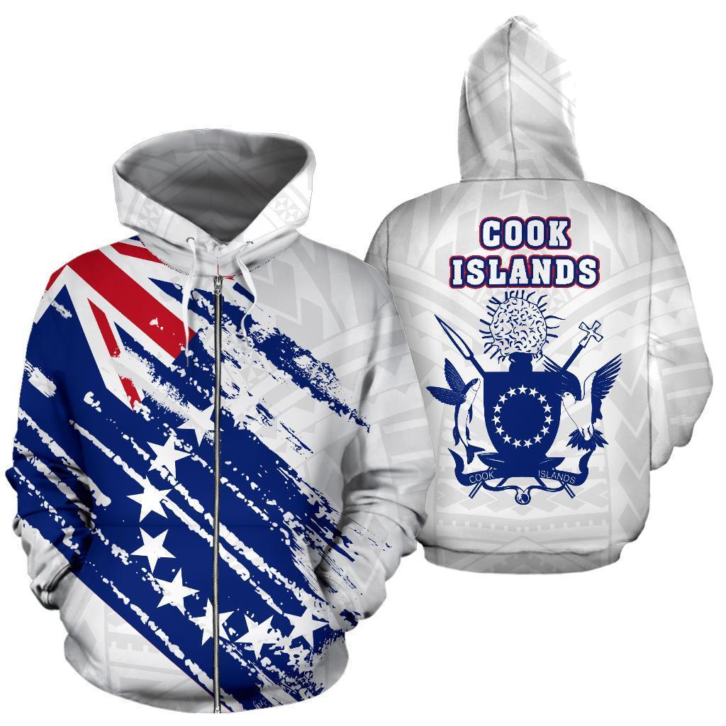 Cook Islands Flag Coat of Arms Polynesian Zip up Hoodie 02 Unisex White - Polynesian Pride