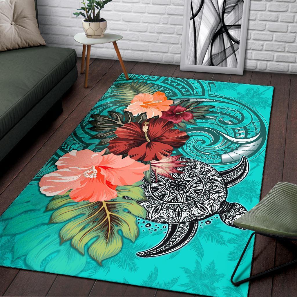 Turtle Polynesian Area Rug Hibiscus Polynesian Turquoise - Polynesian Pride