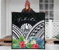 Tahiti Premium Quilt - Tahiti Coat of Arms & Polynesian Tropical Flowers White - Polynesian Pride