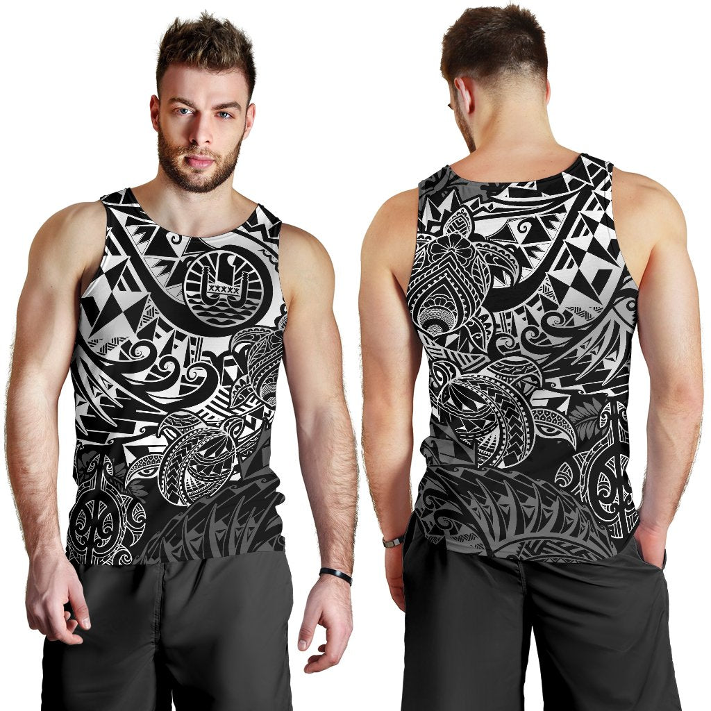 Tahiti Polynesian Men Tank Top - White Turtle Hibiscus Flowing - Polynesian Pride