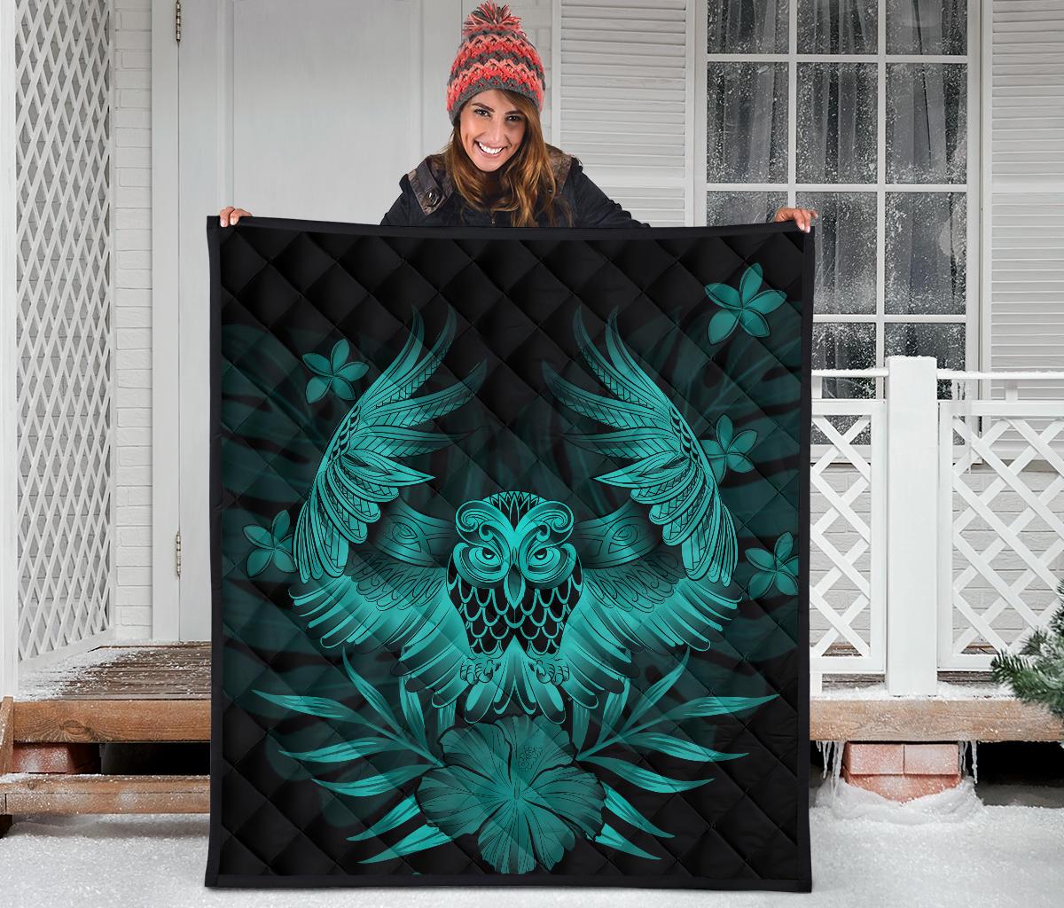 Hawaii Owl Hibiscus Plumeria Premium Quilt - Turquoise - Polynesian Pride