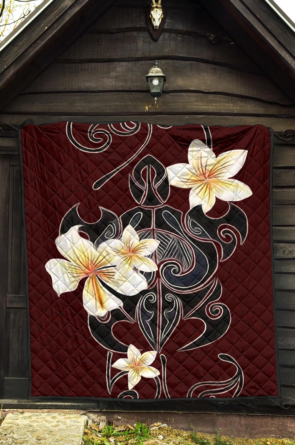 Turtle Poly Tribal Plumeria Red Premium Quilt - Polynesian Pride