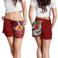 Tahiti Polynesian Women Shorts - Hibiscus Coat of Arm Red - Polynesian Pride