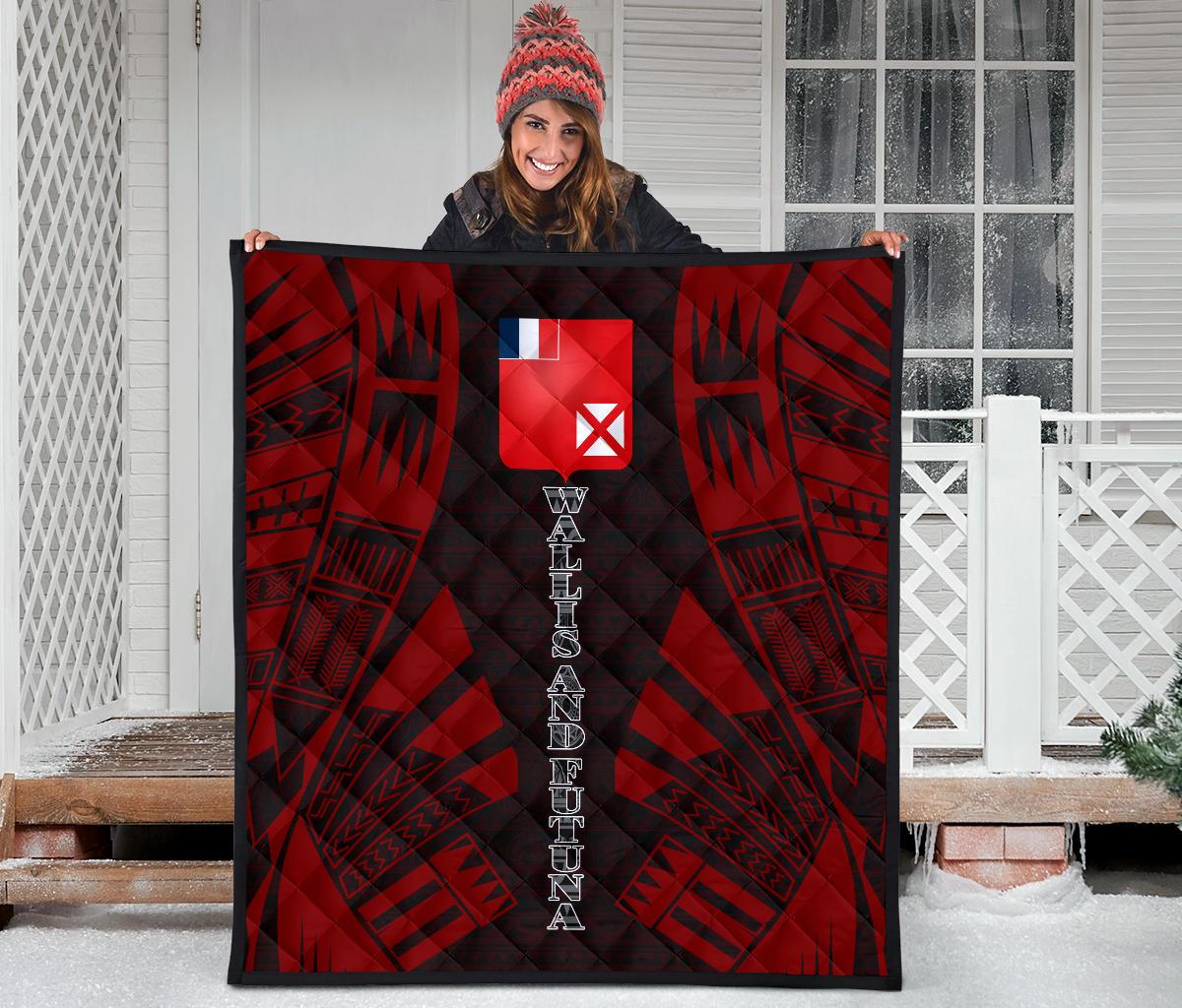 Wallis And Futuna Premium Quilt - Wallis And Futuna Coat Of Arms Polynesian Red Tattoo (Dark Red) - Polynesian Pride