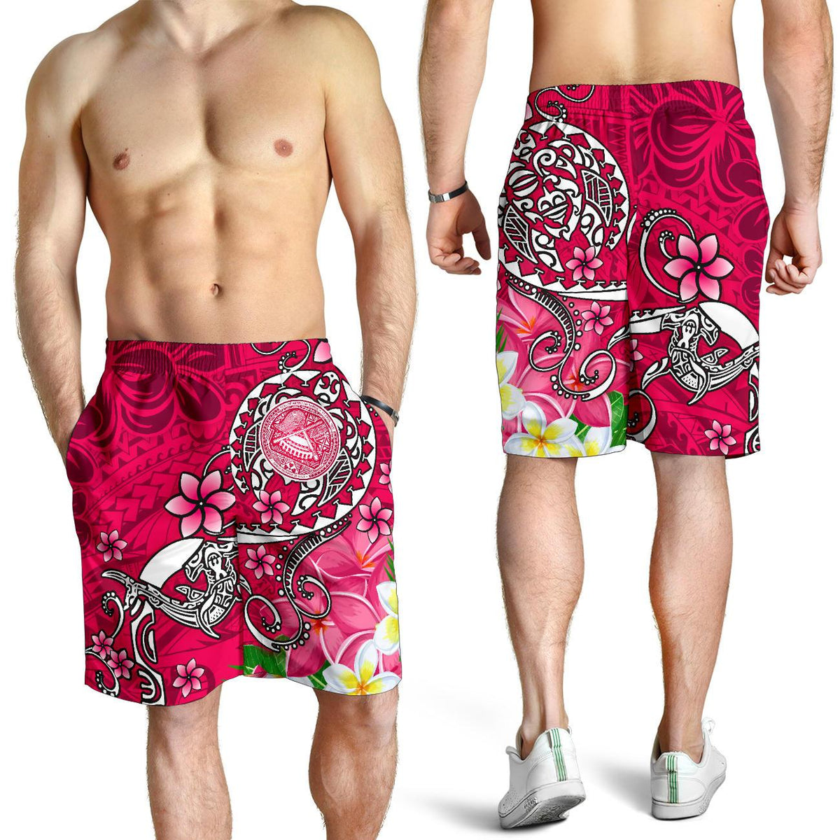 American Samoa Polynesian Men's Shorts - Turtle Plumeria (Pink) - Polynesian Pride