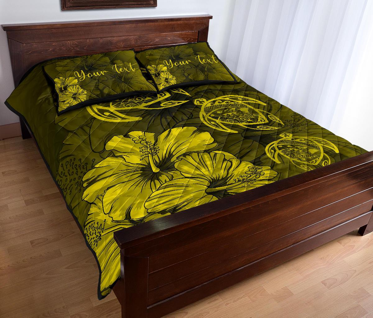 Personalized - Hawaii Map Turtles Hibiscus Quilt Bed Set - Yellow - Polynesian Pride