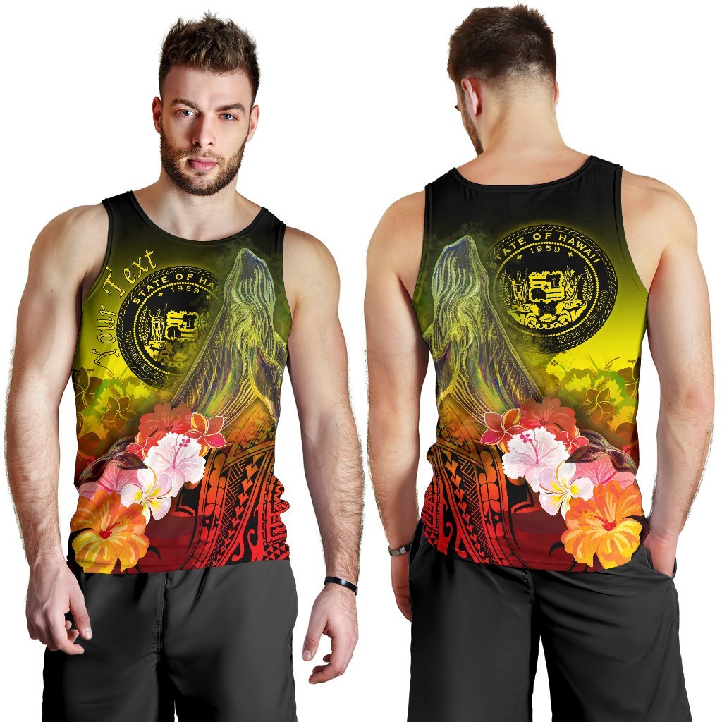 Polynesian Hawaii Custom Personalised Men's Tank Top - Humpback Whale with Tropical Flowers (Yellow) - Polynesian Pride