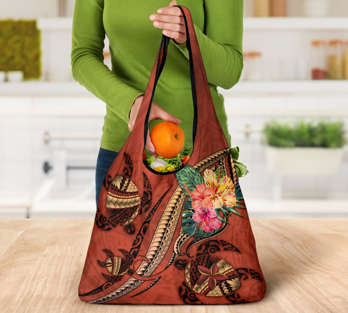Polynesian Turtle Grocery Bag 3 Pack - Tribal Tattoo with Hibiscus Coral - Polynesian Pride