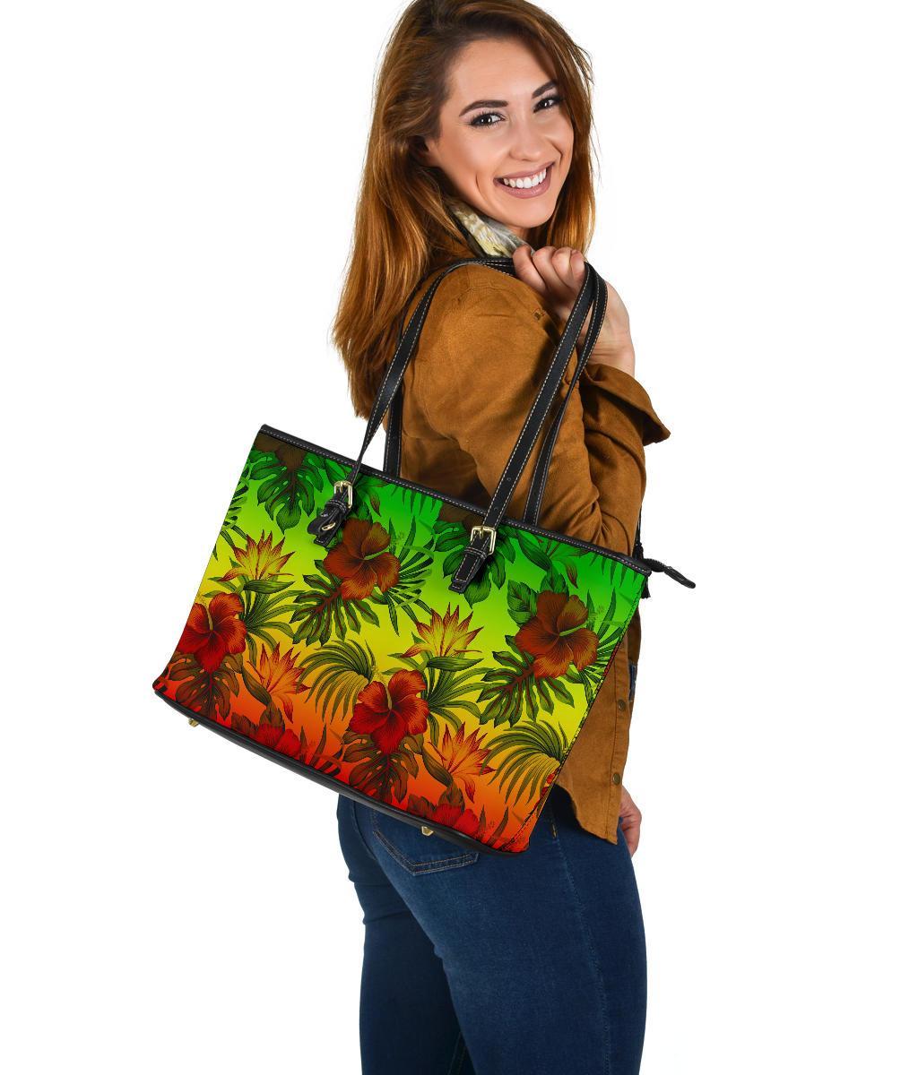 Polynesian Leather Tote Bag - Reggae Hibiscus Patterns - Polynesian Pride