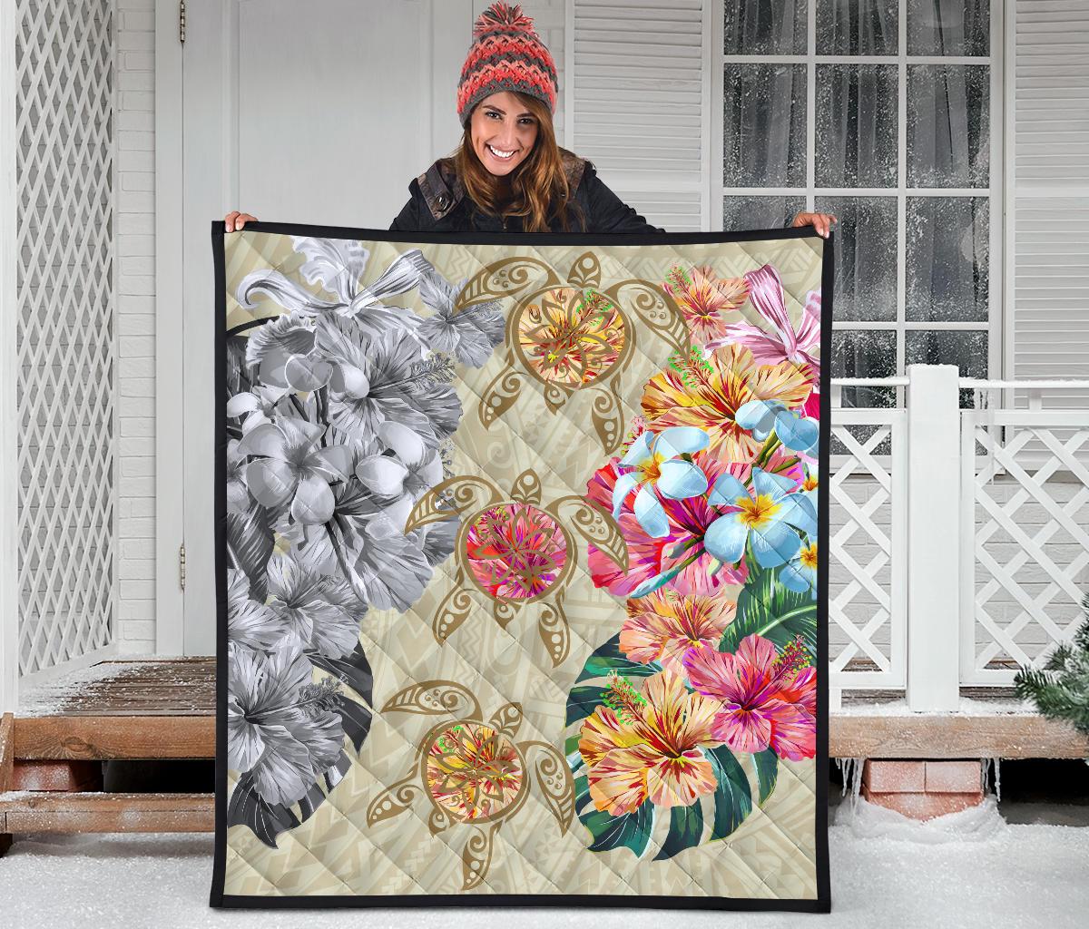 Hawaii Polynesian Flowers Swimming Turtles Premium Quilt - Polynesian Pride