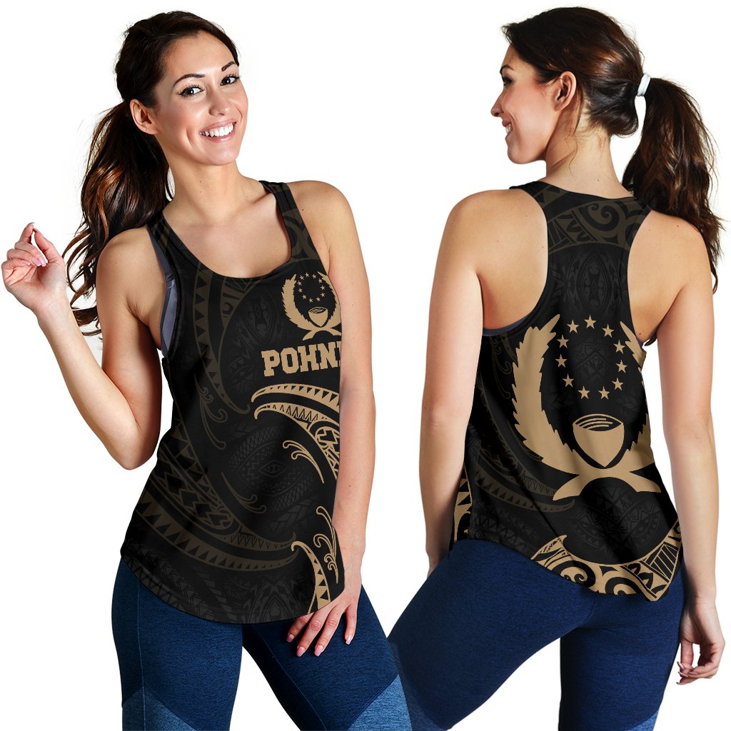 Pohnpei Micronesia Women's Racerback Tank - Gold Tribal Wave Black - Polynesian Pride