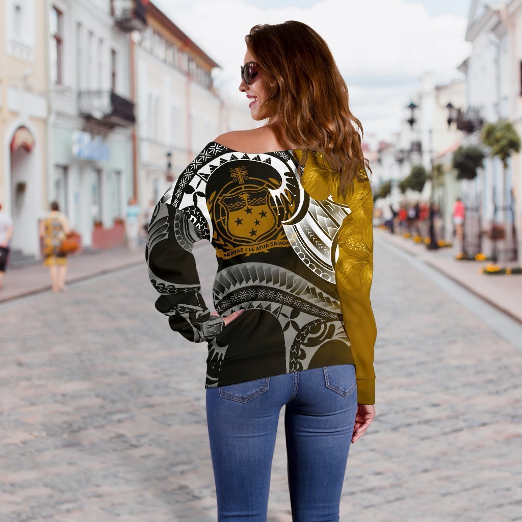 Samoa Women's Off Shoulder Sweater - Samoa Seal Wave Style (Gold) - Polynesian Pride
