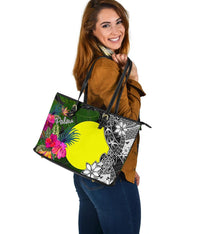 Palau Large Leather Tote Bag - Turtle Plumeria Banana Leaf - Polynesian Pride