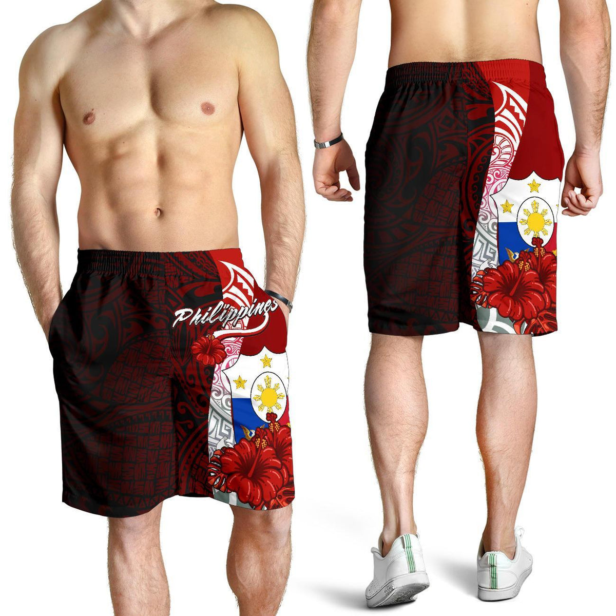 Philippines Polynesian Men's Shorts - Coat Of Arm With Hibiscus Red - Polynesian Pride